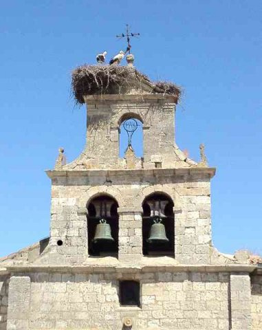 A storks' nest on a church, in the north of Spain.