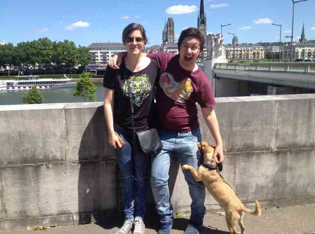 Blanca, Tom and Julio enjoying a break in Rouen, N.W.France, on their journey taking their three cats from Madrid to London.