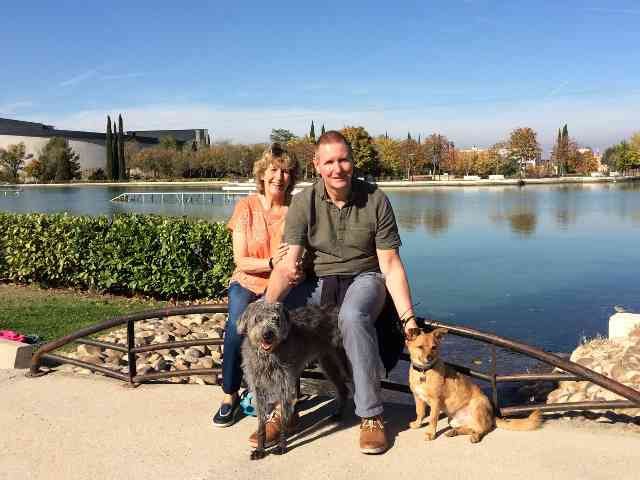 Petrina, Tony, Rossi (and Julio) enjoying a nice walk beside a 'cable-ski lake', just south of Madrid, on their way from Penzance, Cornwall to Albox, Spain.