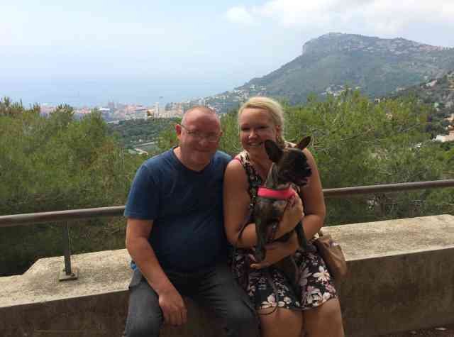 Steve, Rose and Cookie, enjoying a break overlooking Montecarlo, on their journey from Sotogrande in S.Spain to Malta.