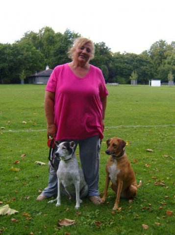 Lynne, Melon & Millie in Battersea Park, having just arrived back from Marbella in S.Spain.