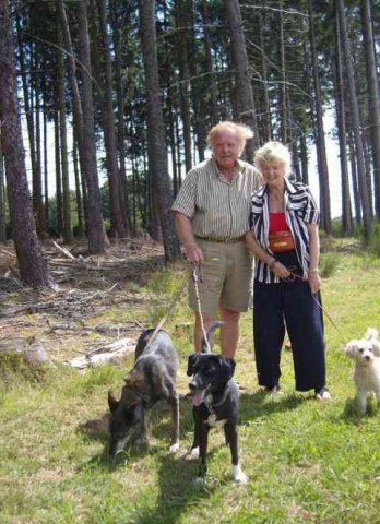 Raymond, Christine, Bonnie, Emmy & Dinkie, taking a little exercise in a French 'aire', on their way from N.Cyprus to The Dordogne in France.