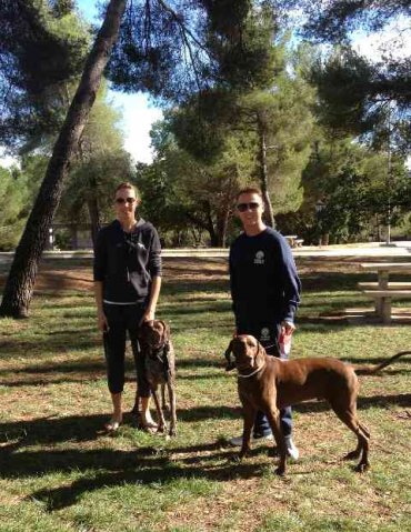 Kelly & James with Buffy & Rocky, enjoying a shady picnic area, on their way to St.Tropez, from Epping in UK.