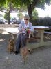 Shiona with Mindy, Jazz & Julio, resting in the shade, on their way from Devon to S.Spain.