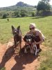 Ashley & Bo, enjoying a break in France, with a strange-looking metal sheepdog! On their home to Ibiza, from Hitchin, UK.