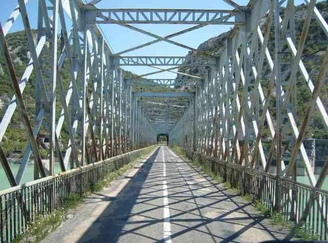 Going onto the old bridge over the 'Embalse de la Pena', Huesca, Spain.