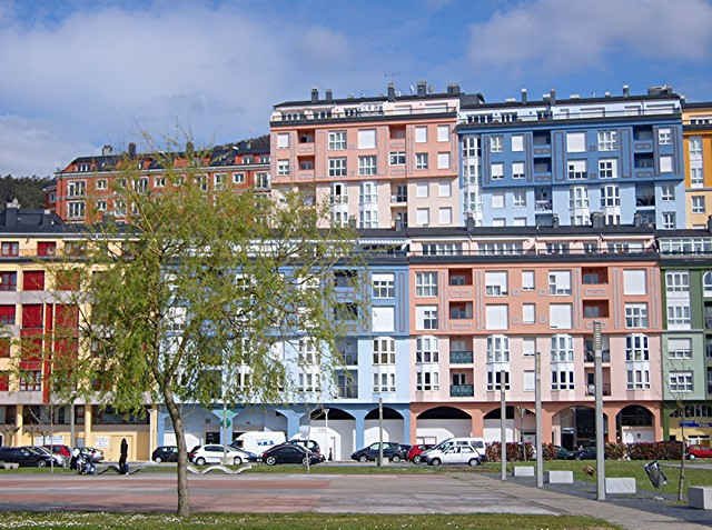 Colourful apartments in Galicia, northern Spain.