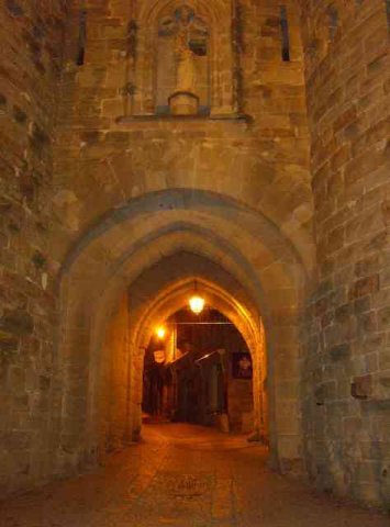 Inside the walls of Carcassonne by night, France.